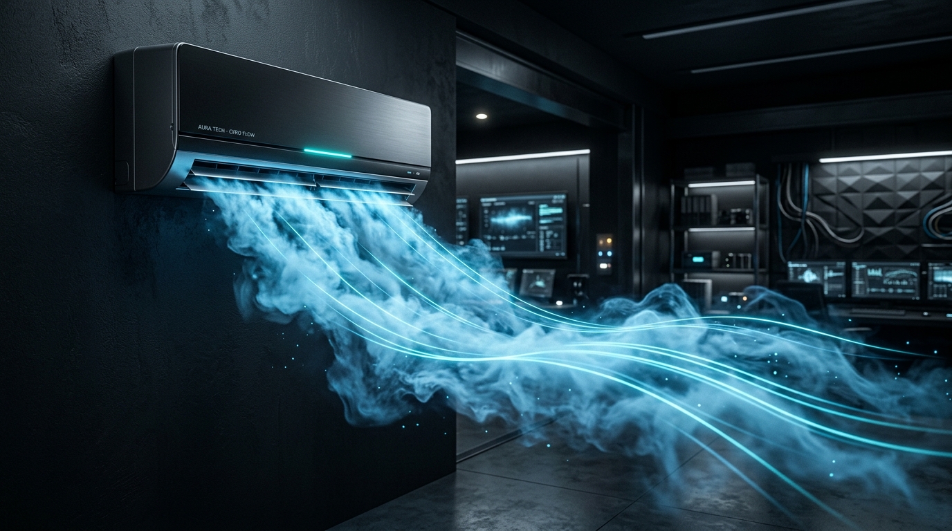 Photorealistic 3D Futuristic Split AC discharging icy cold wind streams