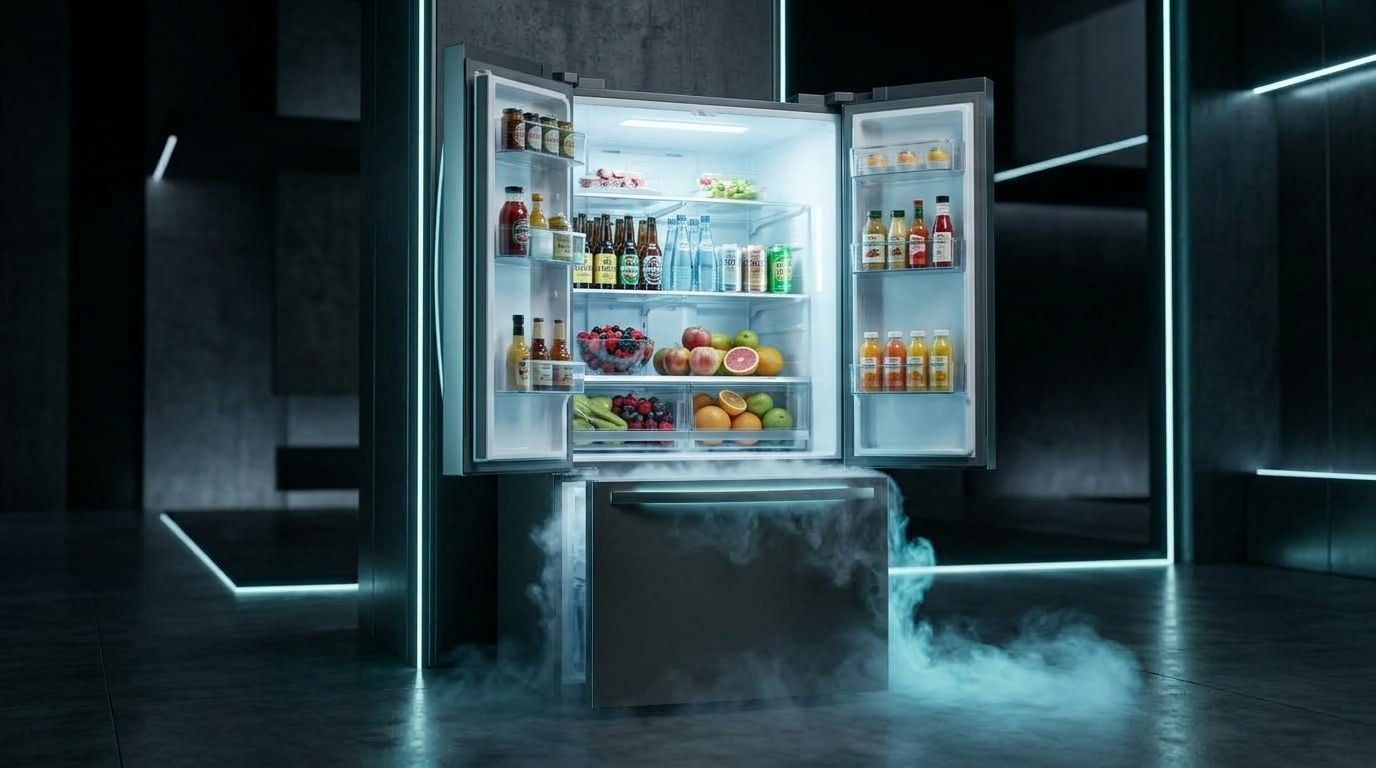 Photorealistic 3D Refrigerator open interior with illuminated shelves and cold mist